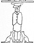 A top hat, coat, and legs form a decorative letter I, with cats gathered below.