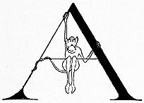 A monkey swings from the crossbar of a large decorative letter A.