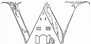 A small thatched mud palace between two curling plants forms a decorative letter W.