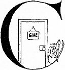 Chee-Chee the monkey stands guard by a door marked Sh!, forming a letter C.
