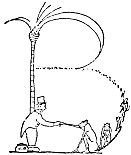 A palm tree and Doctor Dolittle shaking a monkey's hand form a decorative letter B.