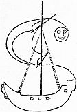 A sailing ship with three masts curls into the shape of a letter S.