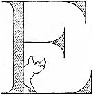 Gub-Gub the pig stands in front of a large decorative letter E.