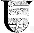 Small sketched scenes of animals fill a shield-shaped decorative letter U.