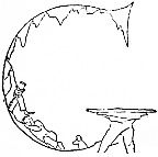 A tiny figure climbs down a jagged, cliff-shaped letter C beside a flat rock ledge.