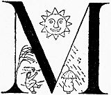 A smiling sun shines above a decorative letter M, with two small creatures below.
