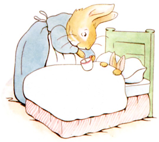 Mother Rabbit spoons medicine into the mouth of a small rabbit tucked in bed.
