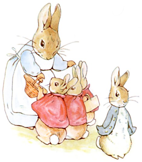 Mother Rabbit gathers her three cloaked children close while Peter, in blue, turns away.