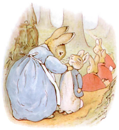 Mother Rabbit fastens a young rabbit's collar as two red-coated siblings watch nearby.