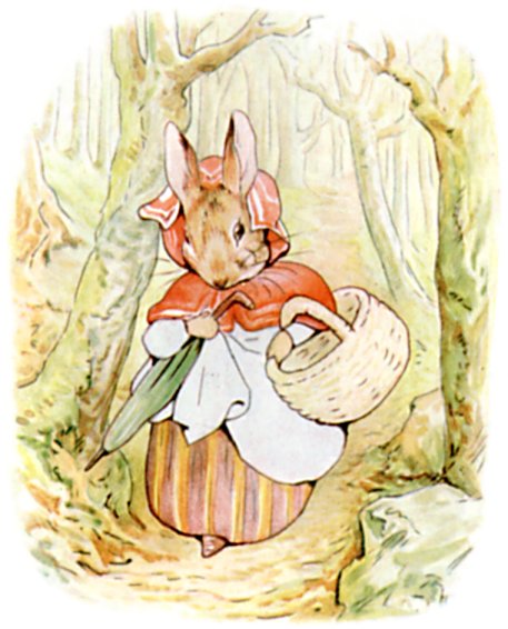 Mother Rabbit walks through the woods in a red cloak, carrying a basket and umbrella.