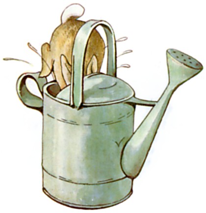 Peter hides inside a large green watering can, his ears poking out the top.