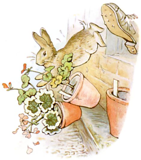 Peter leaps through a shed window as Mr McGregor's boot nearly catches him, upsetting potted plants.