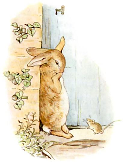 Peter reaches up to a locked garden door as a mouse scurries across the stone doorstep.