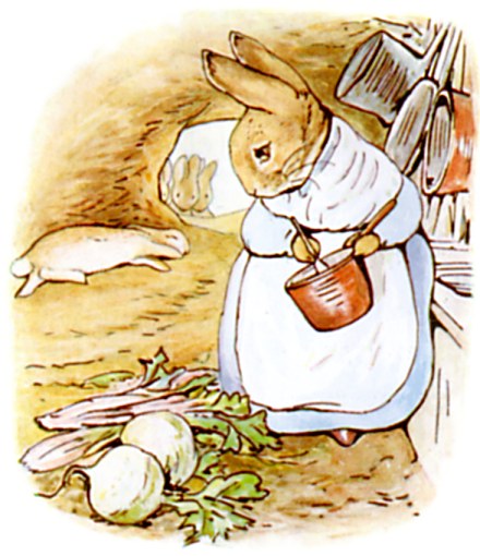 Peter flops down exhausted on the burrow floor while his mother carries a cooking pot nearby.