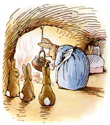 Mother Rabbit stirs a kettle over the fire as three young rabbits watch closely.