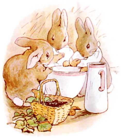 Flopsy, Mopsy, and Cotton-tail share bread, milk, and blackberries for supper.
