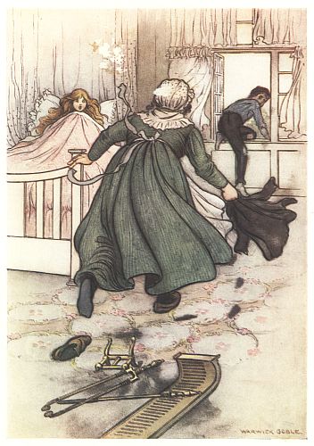 A nurse rushes toward a startled girl in bed as Tom climbs out the window.