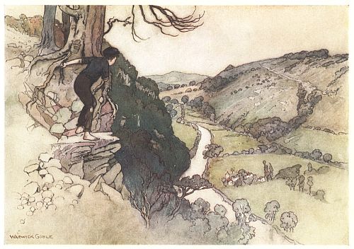 A woman with flowing hair sits on the shore, holding a small boy close.