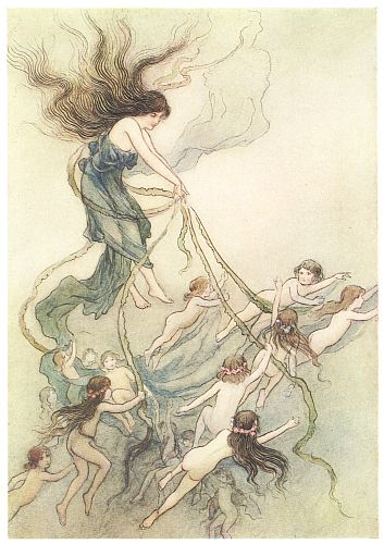 A woman with long hair leads a group of children through the water by ribbons.