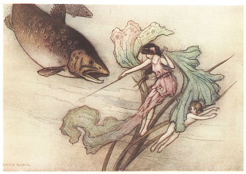 A fairy holds a line toward a large fish as a child swims nearby.