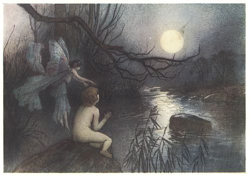 A winged fairy reaches toward Tom as he kneels by moonlit water.
