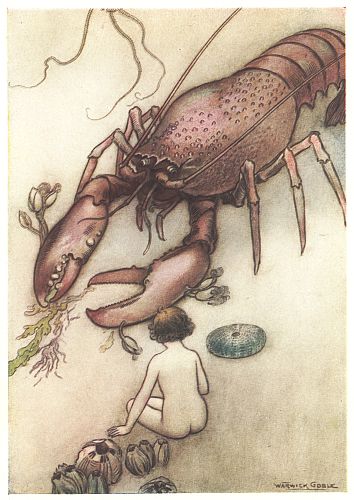 A giant lobster looms over Tom as he sits among shells on the seabed.