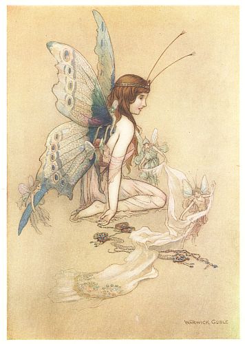 A butterfly-winged fairy kneels among scattered jewels, with tiny fairies fluttering close by.