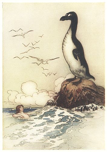 A great auk stands on a rock while a mermaid swims in the waves below.