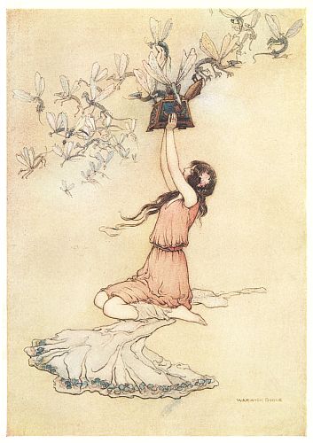 A kneeling girl lifts a small cage, releasing a swarm of tiny winged fairies.