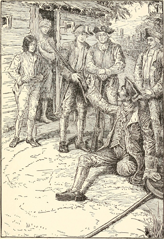 A bound boy and armed men, including Captain Smollett, watch a wounded pirate crawl for help.